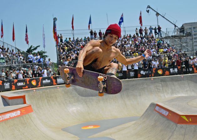 US skateboarder Heimana Reynolds performs in Sao Paulo, Brazil, at the World Park Skateboarding Championships on Sunday, September 15.