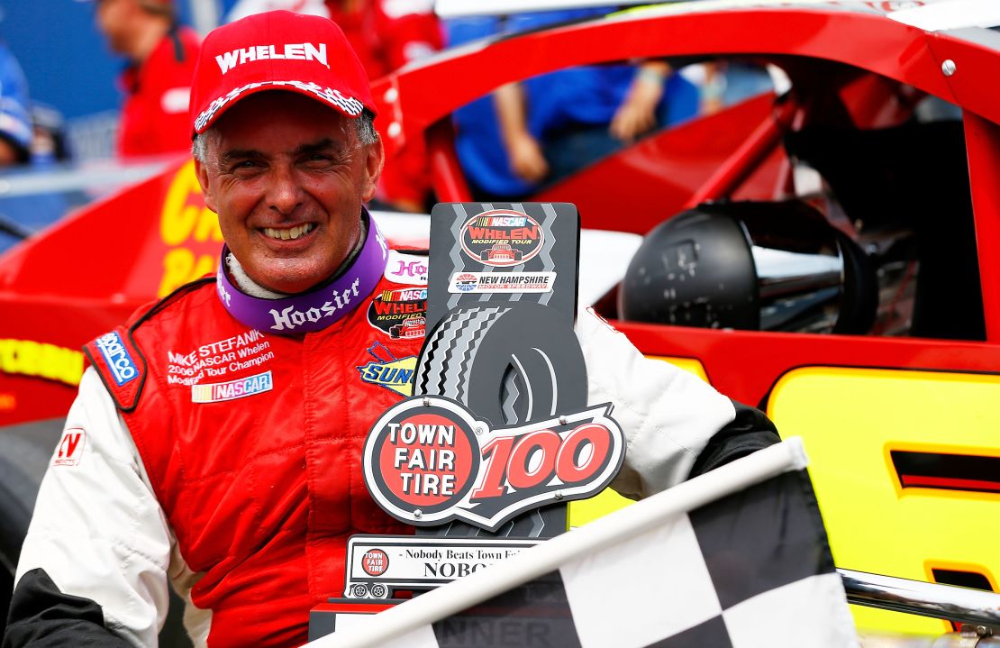 Mike Stefanik after winning the NASCAR Whelen Modified Tour Town Fair Tire 100 at New Hampshire Motor Speedway on July 14, 2012, in Loudon, New Hampshire.