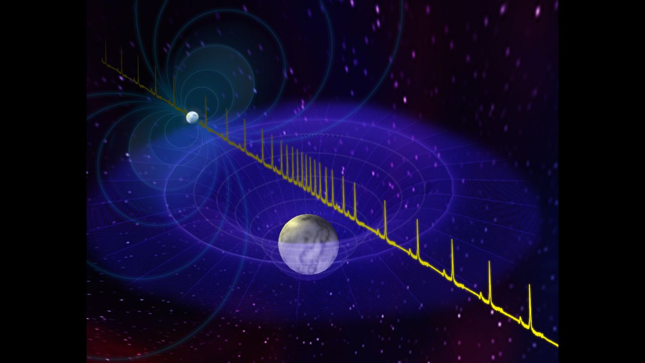 This is an artist's impression of a massive neutron star's pulse being delayed by the passage of a white dwarf star between the neutron star and Earth. Astronomers have detected the most massive neutron star to date due to this delay.