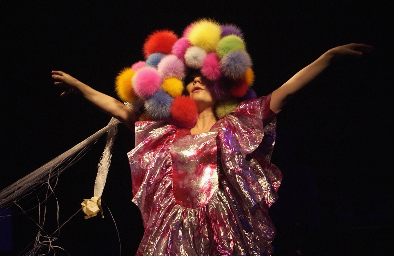 Björk in a pom pom headress during her Volta Tour in 2008.