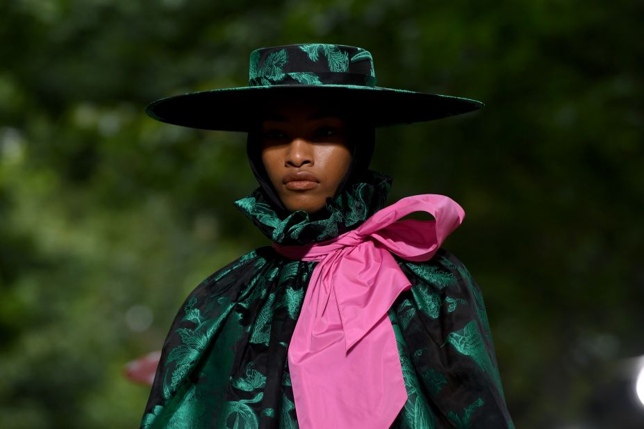 A model walks the runway at the finale of the Erdem show during London Fashion Week  at Grays Inn Gardens on September 16, 2019 in London, England. 