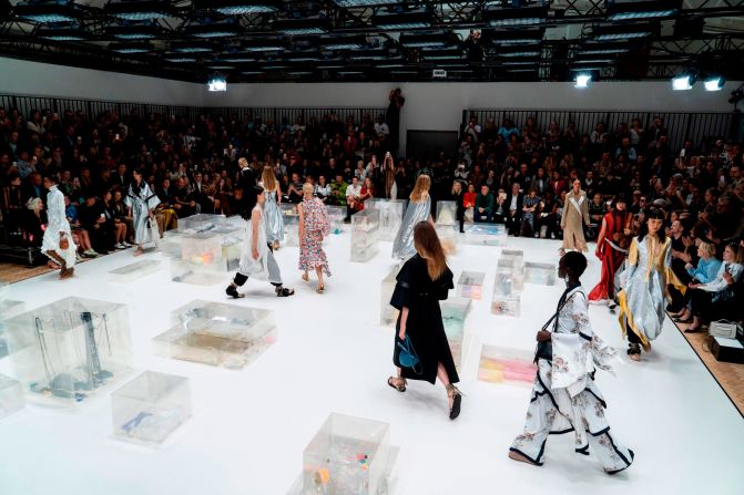 Models present creations from fashion designer JW Anderson during a catwalk show for the Spring/Summer 2020 collection in London on September 16, 2019. 