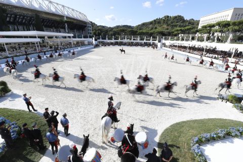<strong>Rome: </strong>Italy's famed Carosello IV Reggimento Carabinieri a Cavallo put on a display for the Global Champions Tour spectators in Rome. 