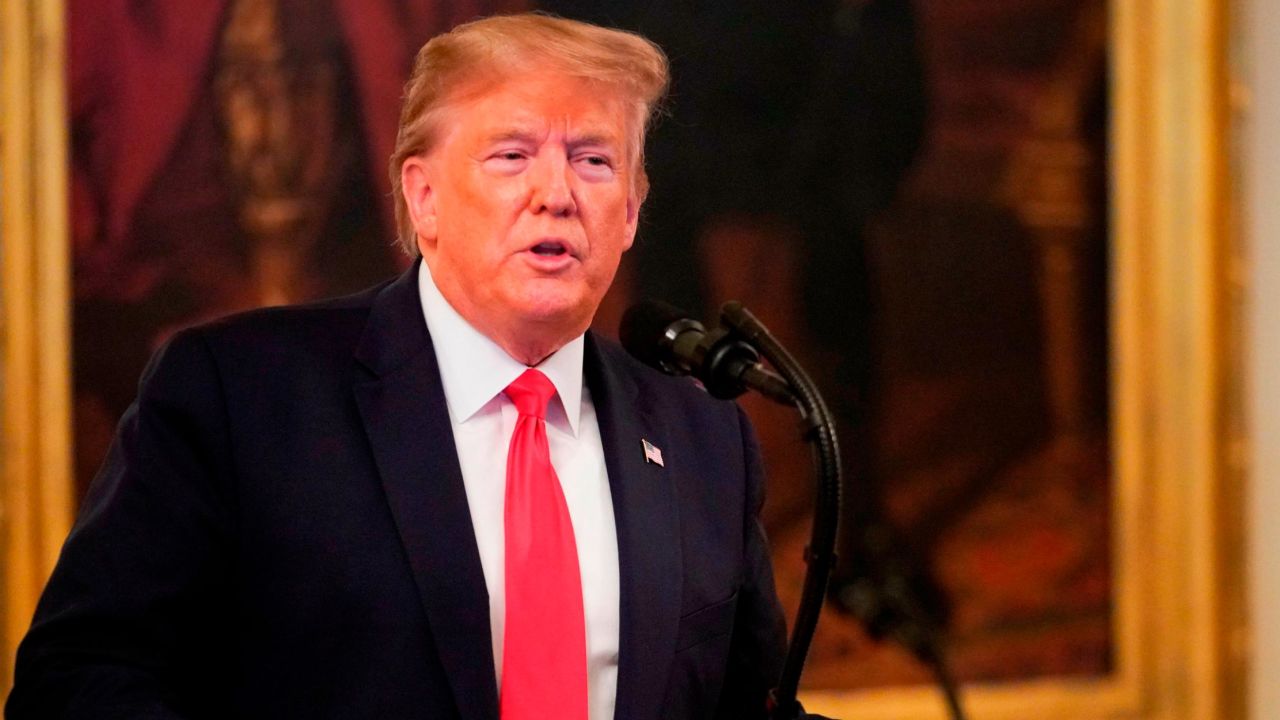 US President Donald Trump speaks before presenting the Medal of Freedom to former New York Yankees pitcher Mariano Rivera in the East Room of the White House on September 16, 2019 in Washington, DC. (Photo by MANDEL NGAN / AFP)        (Photo credit should read MANDEL NGAN/AFP/Getty Images)