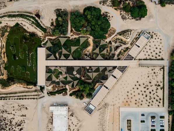A bird's eye view of the architecture of the Centre, which blends with its' surroundings and uses the existing topography to minimize the visual impact on the natural scene.