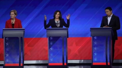 Candidates Elizabeth Warren, Kamala Harris and Andrew Yang during the Democratic presidential debate on September 12, 2019, in Houston.