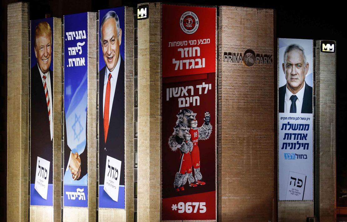 Israeli election banners in Jerusalem in September from the Likud party (left), and the Blue and White party (right).