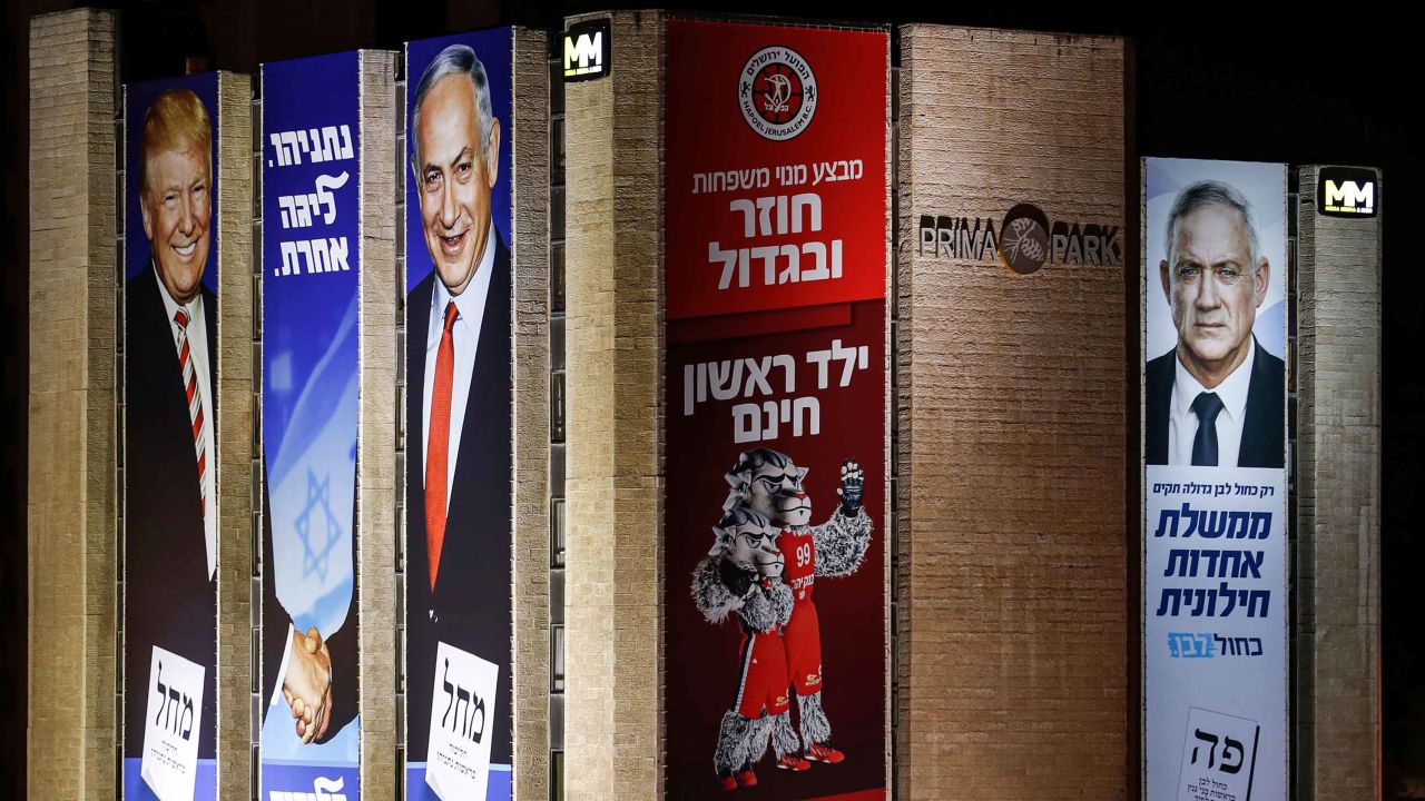 Israeli election banners in Jerusalem in September from the Likud party (left), and the Blue and White party (right).