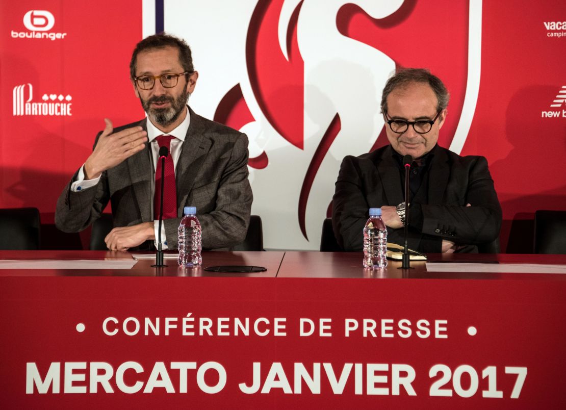 Marc Ingla (L) and Luis Campos (R) take part in a press conference for Lille.