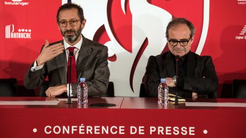 Marc Ingla (L) and Luis Campos (R) take part in a press conference for Lille.