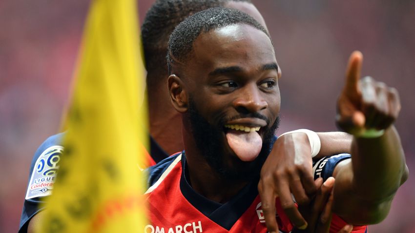 Lille's French midefielder Jonathan Ikone celebrates after scoring a goal during the French L1 football match between Lille (LOSC) and Angers (SCO) at the Pierre-Mauroy Stadium in Villeneuve d'Ascq, near Lille, northern France, on May 18 2019. (Photo by DENIS CHARLET / AFP)        (Photo credit should read DENIS CHARLET/AFP/Getty Images)