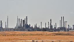 A picture taken on September 15, 2019 shows an Aramco oil facility near al-Khurj area, just south of the Saudi capital Riyadh. Saudi Arabia raced today to restart operations at oil plants hit by drone attacks which slashed its production by half, as Iran dismissed US claims it was behind the assault.