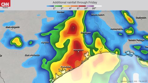 A map shows a prediction of rainfall from Tuesday morning through Friday.