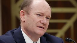 Sen. Christopher Coons (D-DE) participates in a Senate Appropriations Subcommittee hearing on Capitol Hill May 8, 2019 in Washington, DC. The Subcommittee is hearing testimony regarding FY2020 budget requests for the Securities and Exchange Commission and the Commodity Futures Trading Commission.