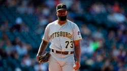 Pittsburgh Pirates relief pitcher Felipe Vazquez (73) in the ninth inning of a baseball game Sunday, Sept. 1, 2019, in Denver. Pittsburgh won 6-2. (AP Photo/David Zalubowski)