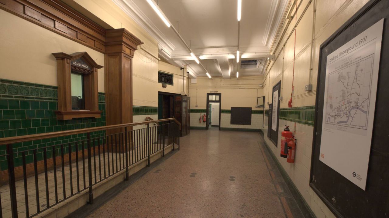 The booking office at  Aldwych station, which closed in 1917.