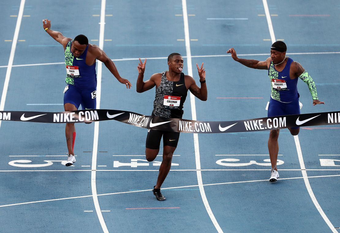 Christian Coleman crosses the finish line to win the men's 100m final during the 2019 USATF Outdoor Championships Des Moines, Iowa. 