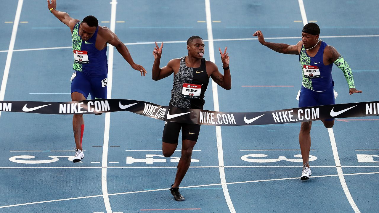 Christian Coleman crosses the finish line to win the men's 100m final during the 2019 USATF Outdoor Championships Des Moines, Iowa.