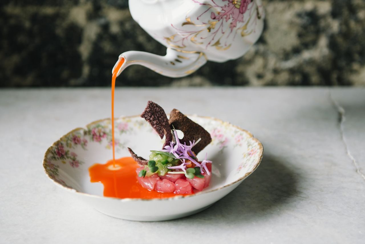 Tuna crudo served with a bit of vintage flourish.