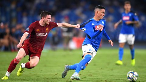 Jose Callejon is fouled by Andy Robertson.