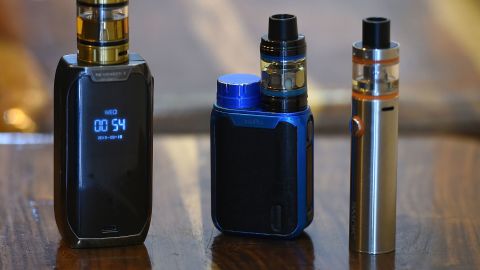 Electronic cigarette devices on display at a vape shop in New Delhi on September 18, 2019.