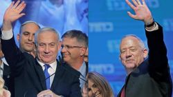 (COMBO) This combination of pictures created on September 18, 2019 shows Israeli Prime Minister Benjamin Netanyahu (L) waving to supporters at his Likud party's electoral campaign headquarters early on September 18, 2019, and Benny Gantz, leader and candidate of the Israel Resilience party that is part of the Blue and White (Kahol Lavan) political alliance, waving to supporters alongside his wife Revital Gantz at the alliance's campaign headquarters in the Israeli coastal city of Tel Aviv early on September 18, 2019. - Netanyahu and his main challenger Gantz were locked in a tight race in the country's general election after polls closed, exit surveys showed, raising the possibility of another deadlock. Three separate exit polls carried by Israeli television stations showed Netanyahu's right-wing Likud and Gantz's centrist Blue and White alliance with between 31 and 34 parliament seats each out of 120. (Photos by Menahem KAHANA and EMMANUEL DUNAND / AFP)        (Photo credit should read MENAHEM KAHANA,EMMANUEL DUNAND/AFP/Getty Images)