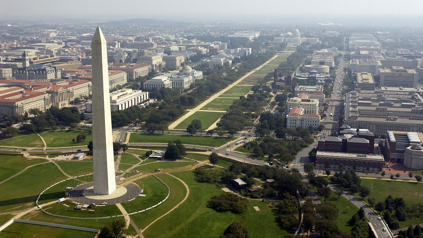 An aerial photo of the Washington Memorial with the Capitol in the background in Washington, DC, on September 26, 2003.