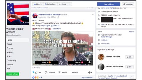 In this screengrab from a Vietnam Veterans of America report, an impostor VVA Facebook page shares manipulated video of divisive news event. 