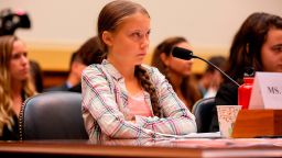 Swedish environment activist Greta Thunberg looks on during a joint hearing before the House Foreign Affairs Committee, Europe, Eurasia, Energy and the Environment Subcommittee, and the House Select Committee on the Climate Crisis, at the Rayburn House Office Building on Capitol Hill in Washington, DC, on September 18, 2019. (Photo by Alastair Pike / AFP)        (Photo credit should read ALASTAIR PIKE/AFP/Getty Images)
