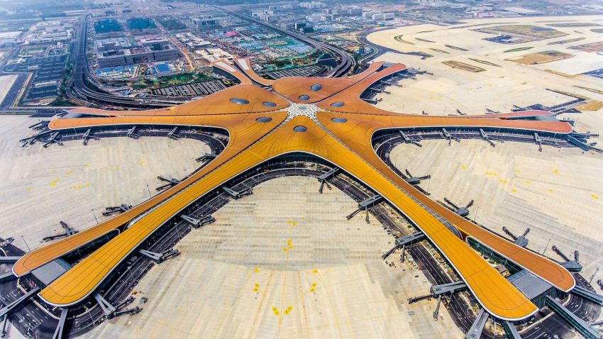 This photo taken on June 28, 2019 shows the terminal of the new Beijing Daxing International Airport. - Beijing is set to open an eye-catching multi-billion dollar airport resembling a massive shining starfish, to accommodate soaring air traffic in China and celebrate the Communist government's 70th anniversary in power. (Photo by STR / AFP) / China OUT / To go with China-Aviation, Focus by Patrick Baert        (Photo credit should read STR/AFP/Getty Images)