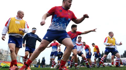 Russian players warm up before taking on Belgium earlier this year.