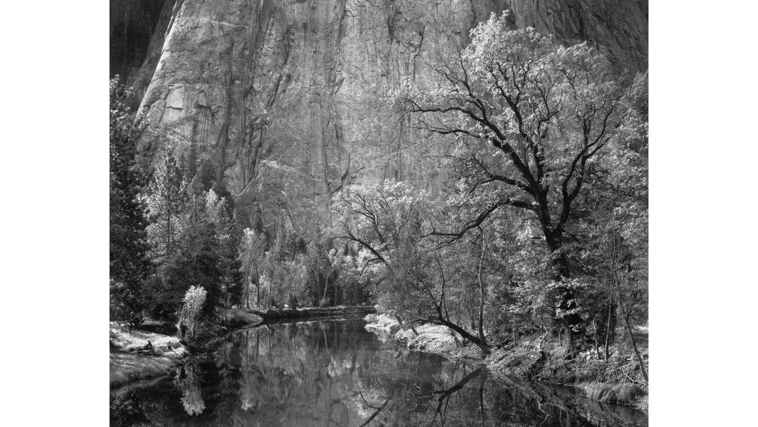<strong>"Merced River, Cliffs of Cathedral Rocks, Autumn" (c. 1939).</strong> "Far from the dramatic grand landscapes and intimate details that people typically associate with him, this image really provides a taste of Ansel's use of the natural scene to, as he would put it, 'extract' a feeling," says Adams.