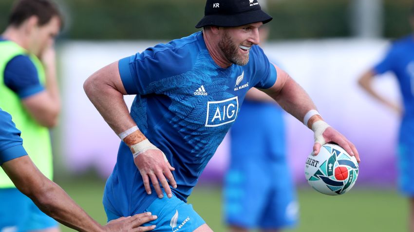 TOKYO, JAPAN - SEPTEMBER 17: Kieran Read of the All Blacks runs through drills during a New Zealand All Blacks Rugby World Cup Training Session at Tatsuminomori Seaside Park 2 on September 17, 2019 in Tokyo, Japan. (Photo by Hannah Peters/Getty Images)
