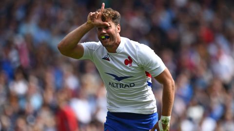 Damian Penaud celebrates scoring against Scotland earlier this year.