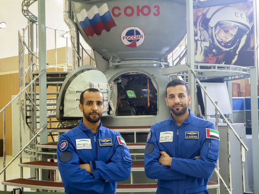 Hazzaa AlMansoori (L) will board a Soyuz-MS 15 spacecraft at the Baikonur Cosmodrome in Kazakhstan before blasting off into space. Sultan AlNeyadi (R) has also been training as the backup astronaut for the mission.