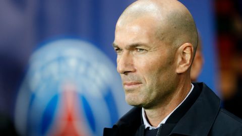Real Madrid's French coach Zinedine Zidane looks on at Parc des Princes, Paris.