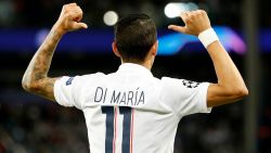 Paris Saint-Germain's Argentine midfielder Angel Di Maria celebrates scoring his team's first goal during the UEFA Champions league Group A football match between Paris Saint-Germain and Real Madrid, at the Parc des Princes stadium, in Paris, on September 18, 2019. (Photo by Thomas SAMSON / AFP)        (Photo credit should read THOMAS SAMSON/AFP/Getty Images)