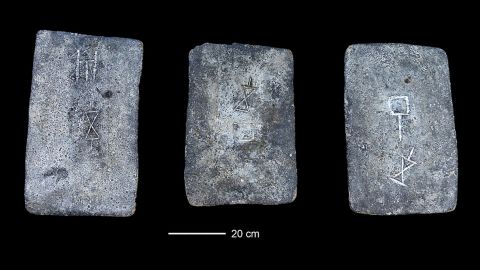 Some of the studied tin ingots from the sea off the coast of Israel (approx. 1300-1200 BC).