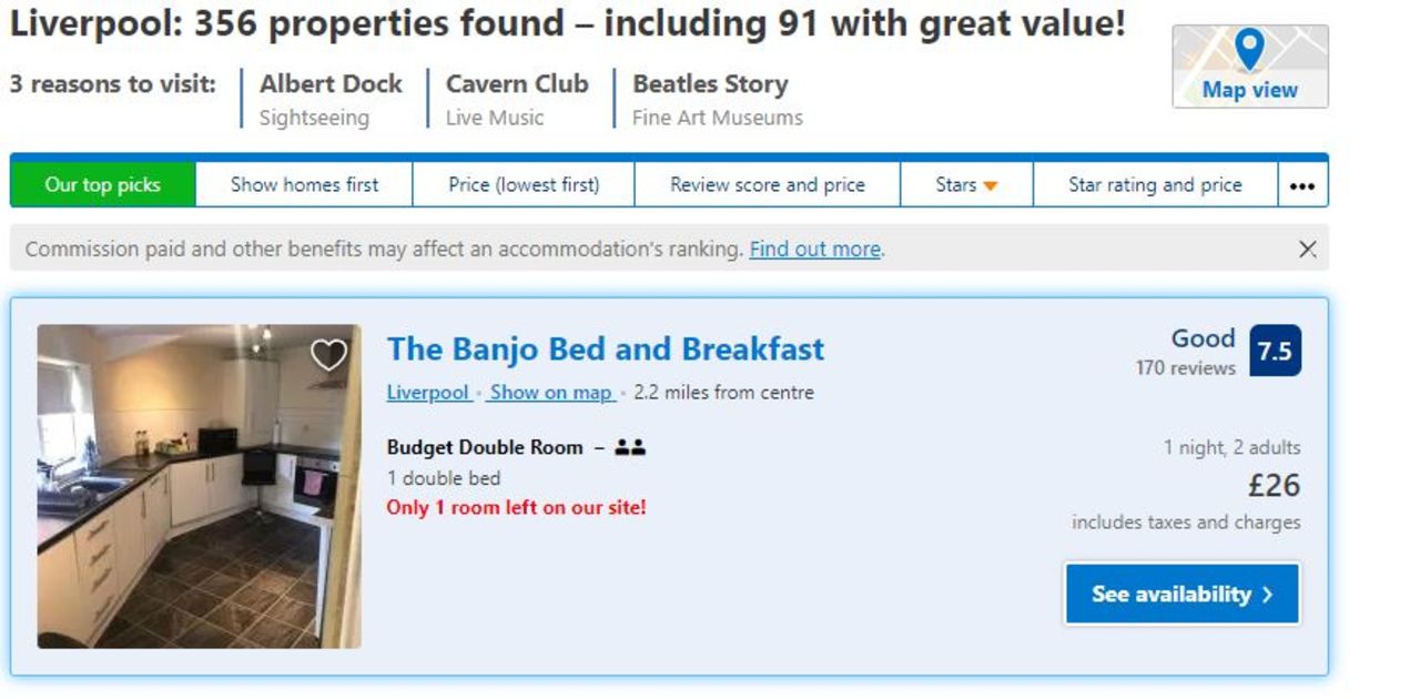 The first page for The Banjo Hotel Liverpool shows just one budget double left...