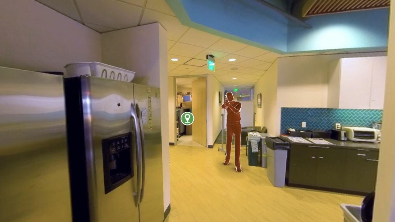 A screengrab from Pixvana's virtual-reality active shooter training video. The figure is meant to be the "active shooter" during the virtual-reality training as seen through a VR headset.