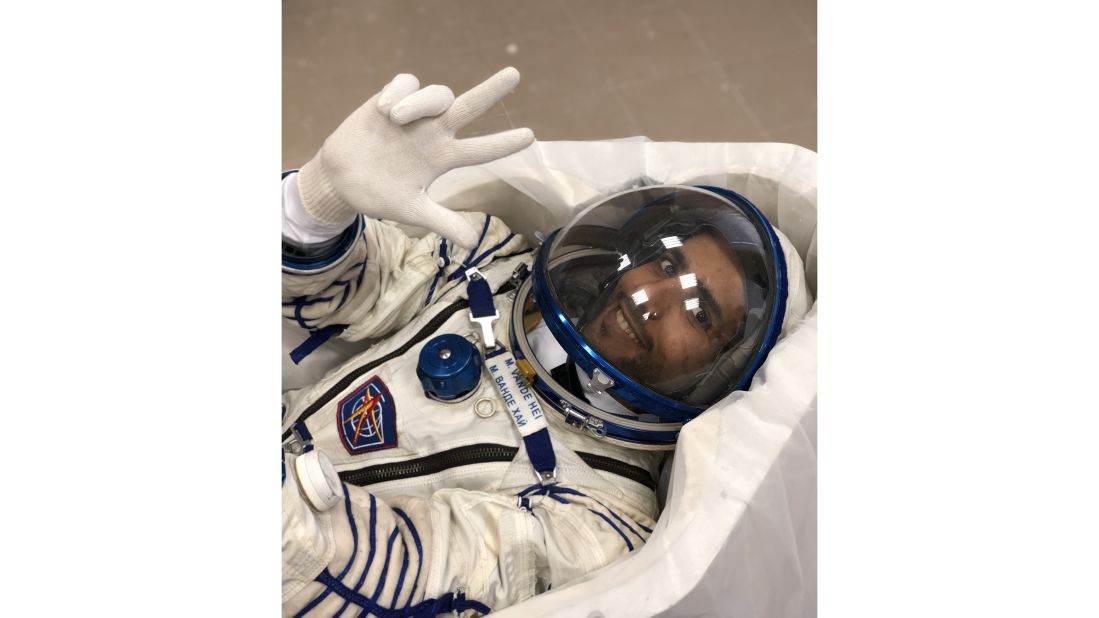 A team of specialized engineers from the Russian space agency Roscosmos designed a custom Soyuz MS-15 suit and seat (pictured) for AlMansoori.