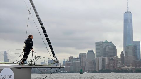 Greta Thunberg looks out at the buildings of Lower Manhattan as she arrives in the US from Europe. 