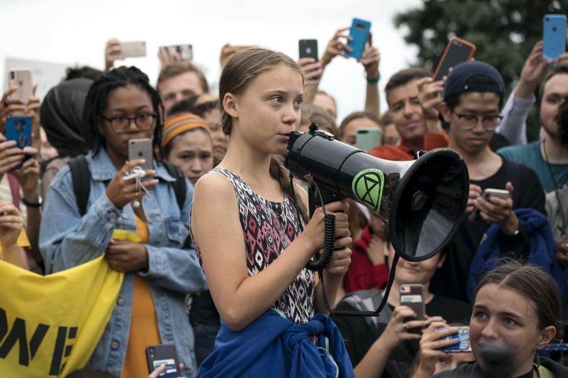 Greta Thunberg delivers brief remarks during a strike to demand action be taken on climate change outside the White House.
