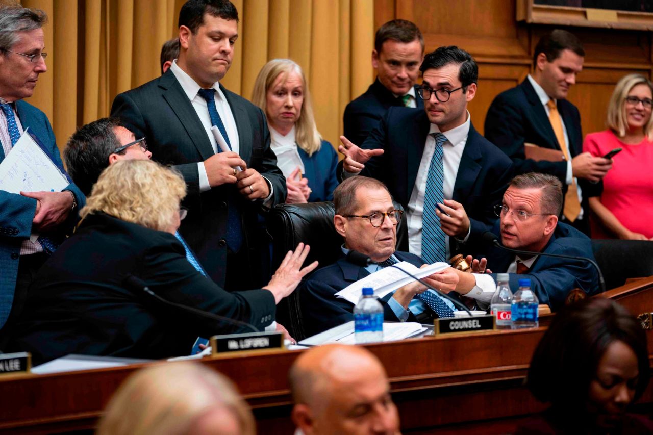 House Judiciary Committee Chairman Rep. Jerry Nadler, center, is surrounded as Republican Rep. Doug Collins, right, argues over committee rules near the end of a hearing where Corey Lewandowski, President Donald Trump's former campaign manager, <a href="https://www.cnn.com/2019/09/18/politics/corey-lewandowski-hearing-impeachment/index.html" target="_blank">testified</a> in Washington, D.C., on Tuesday, September 17. 