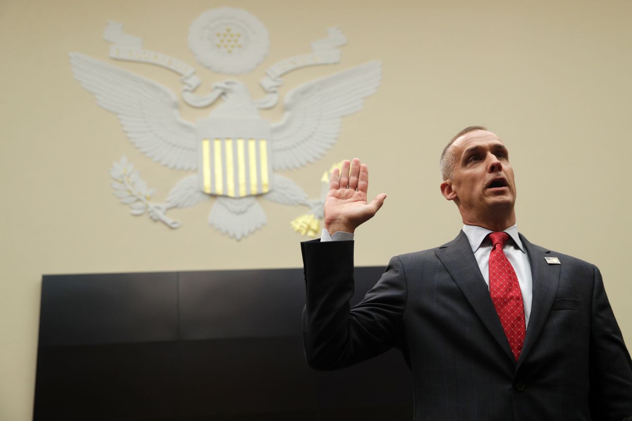 Former Trump campaign manager <a href="https://www.cnn.com/2019/09/17/politics/corey-lewandowski-testifies-house-judiciary-committee/index.html" target="_blank">Corey Lewandowski</a> is sworn in before testifying before the House Judiciary Committee on Capitol Hill on Tuesday, September 17, in Washington, DC. Throughout the roughly six-hour hearing, Lewandowski antagonized Democrats and stonewalled their questions about obstruction of justice during the first official impeachment-related hearing on Capitol Hill in the wake of the Russia investigation. 