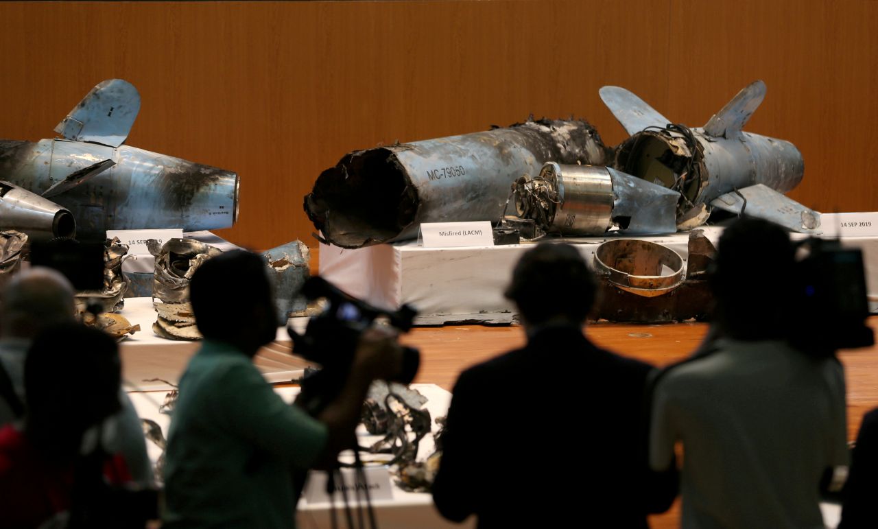 Remains of missiles that the Saudi government says were used to <a href="https://www.cnn.com/2019/09/19/middleeast/saudi-air-defense-analysis-intl/index.html" target="_blank">attack an Aramco oil facility</a> are displayed during a news conference in Riyadh, Saudi Arabia, on Wednesday, September 18. 