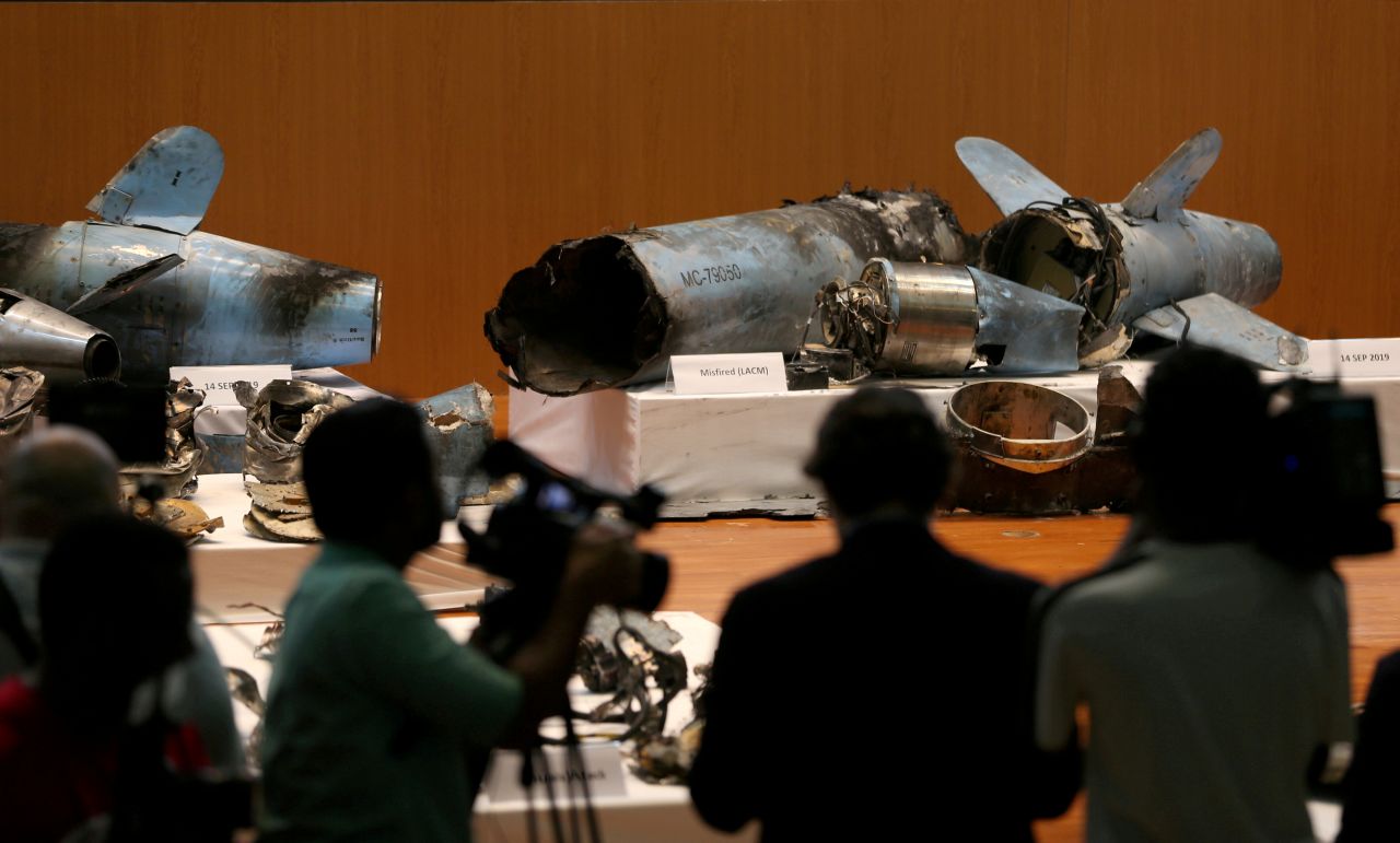Remains of missiles that the Saudi government says were used to <a href="https://www.cnn.com/2019/09/19/middleeast/saudi-air-defense-analysis-intl/index.html" target="_blank">attack an Aramco oil facility</a> are displayed during a news conference in Riyadh, Saudi Arabia, on Wednesday, September 18.
