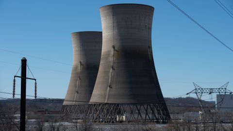 The unused cooling towers, shut down after the 1979 partial meltdown, are seen at Three Mile Island  in Middletown, Pennsylvania on March 26, 2019.
