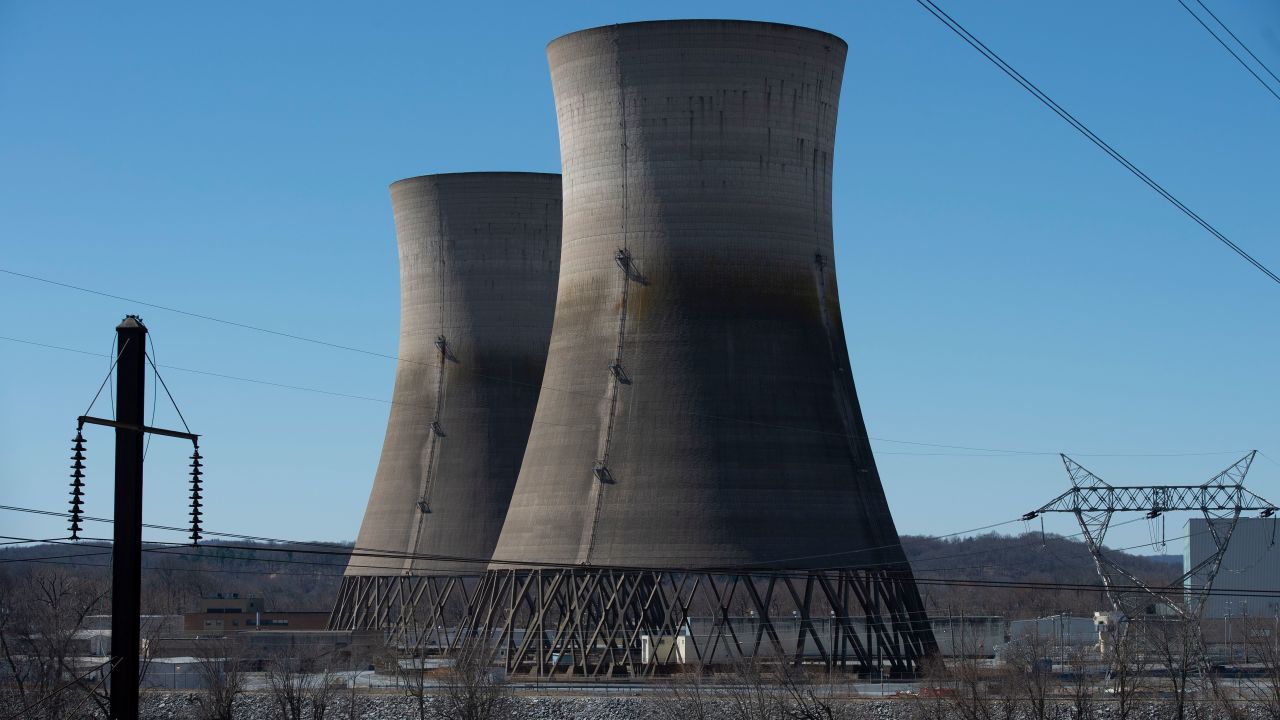 The unused cooling towers, shut down after the 1979 partial meltdown, are seen at Three Mile Island  in Middletown, Pennsylvania on March 26, 2019.
