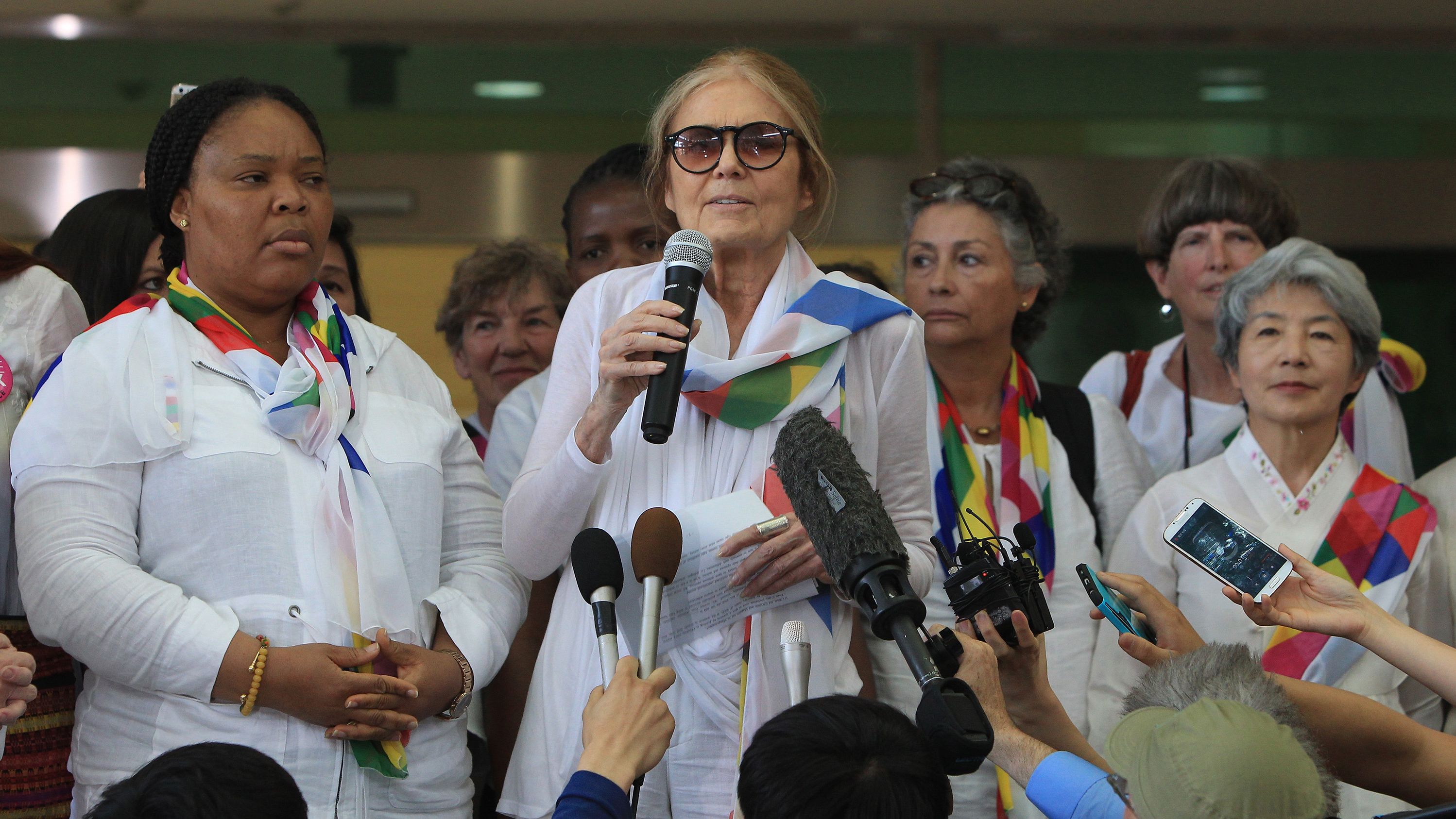 US activist Gloria Steinem speaks during a press conference after arrival from North Korea at the customs, immigration and quarantine office on May 24, 2015 in Paju, South Korea. 